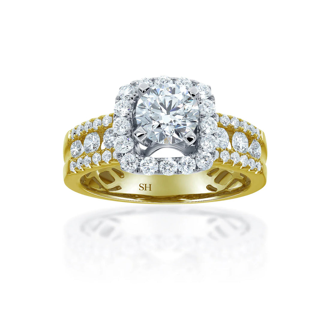 Modern Cushion Halo Engagement Ring with 5.9mm 3-Row Band - W0803