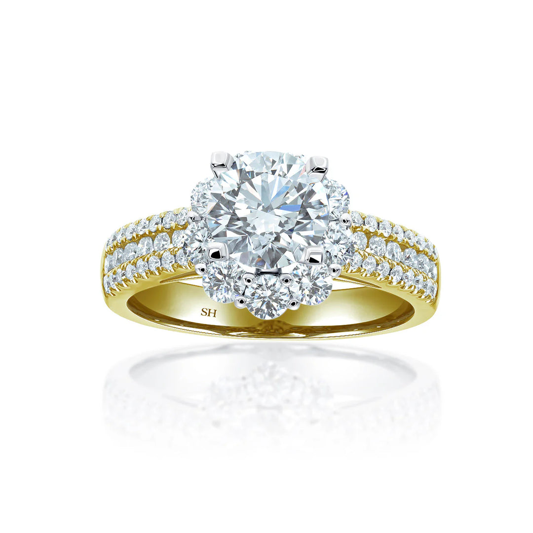 Modern Floral Halo Engagement Ring with 3.5mm 3-Row Band - W0805
