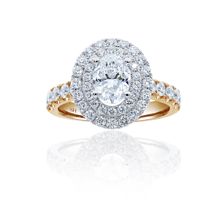 Double Halo Oval Engagement Ring with Single Pavé-Set Band - W0579