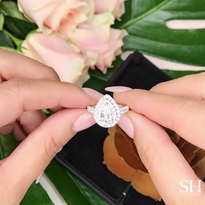 Double Halo Pear-Shaped Engagement Ring with 2.8mm Pavé-Set Band - W0800