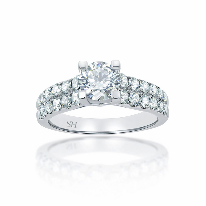 4-Claw engagement ring with tapered two row pavé set band - W0059