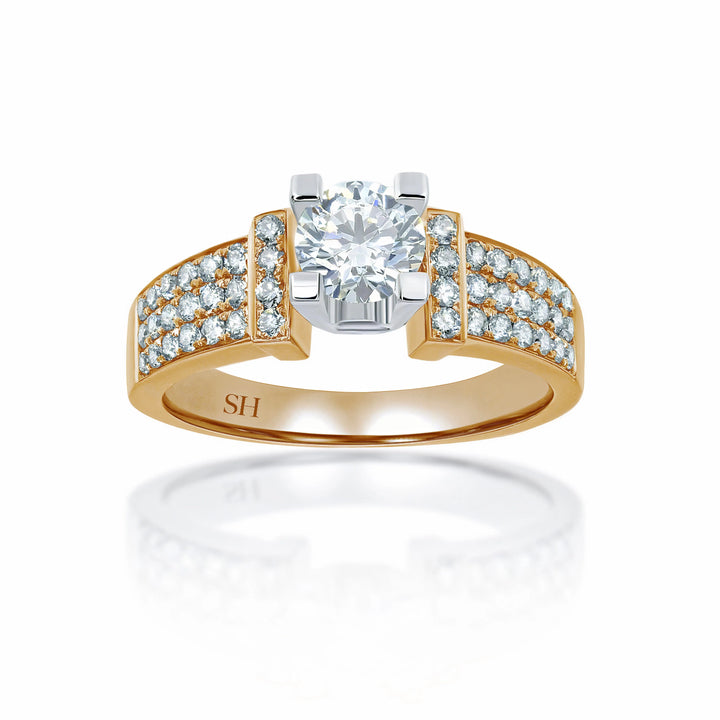 Modern 4-Claw engagement ring with tapered three row pavé set diamond band - W0058