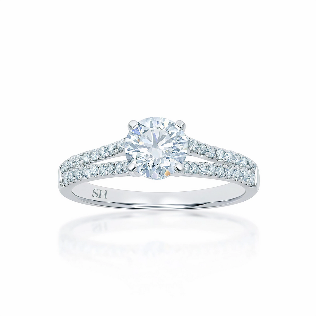 Classic 4-Claw engagement ring with split pavé set diamond band - W0030