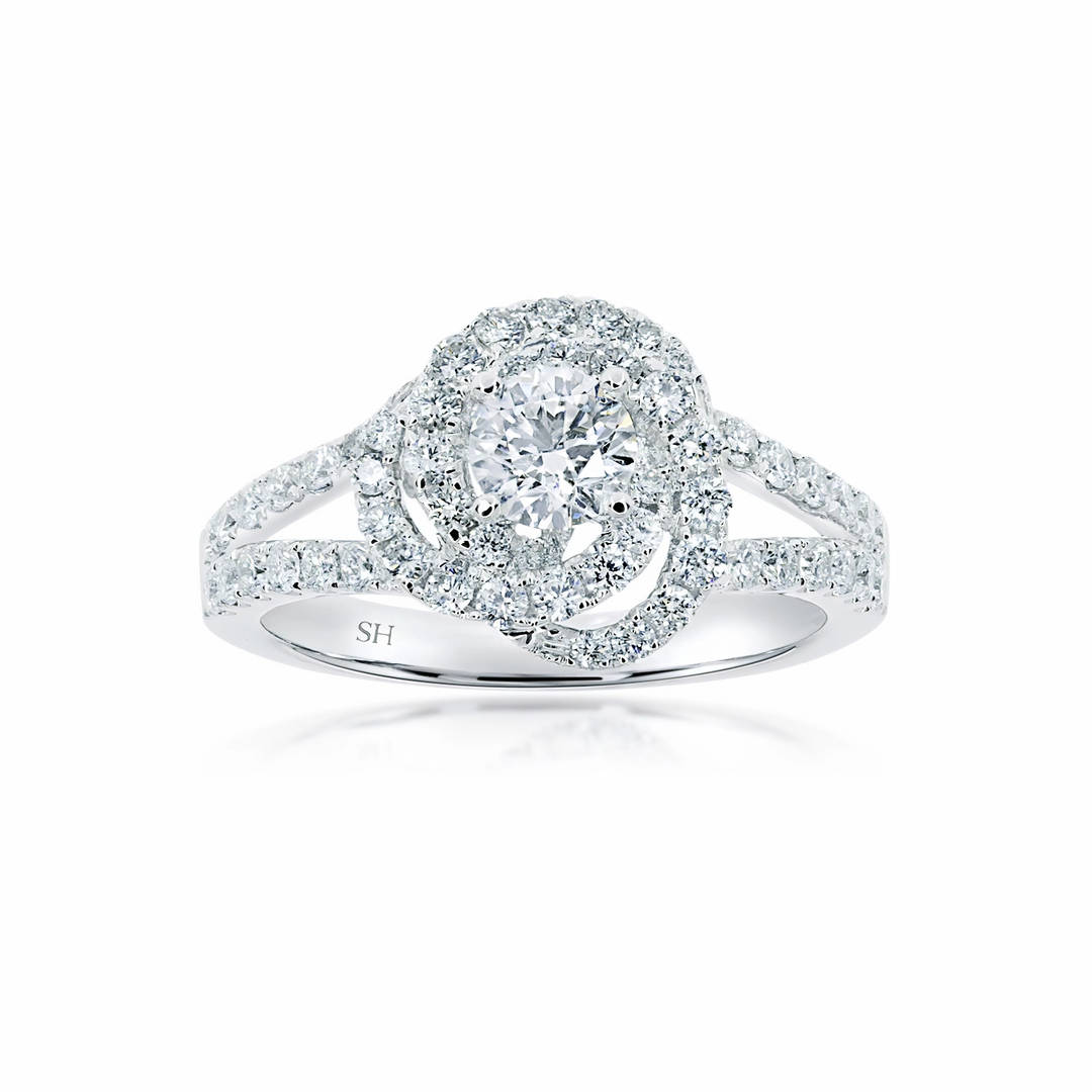 Floral petal halo diamond ring with tapering double band - W0406