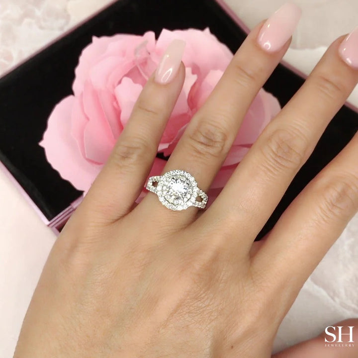 Double Halo Style Diamond Engagement Ring with Twin Pavé-Set Band - W0060