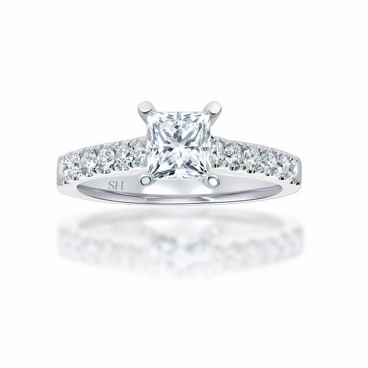 Classic Princess Cut Engagement Ring with Pavé-Set Band - W0333
