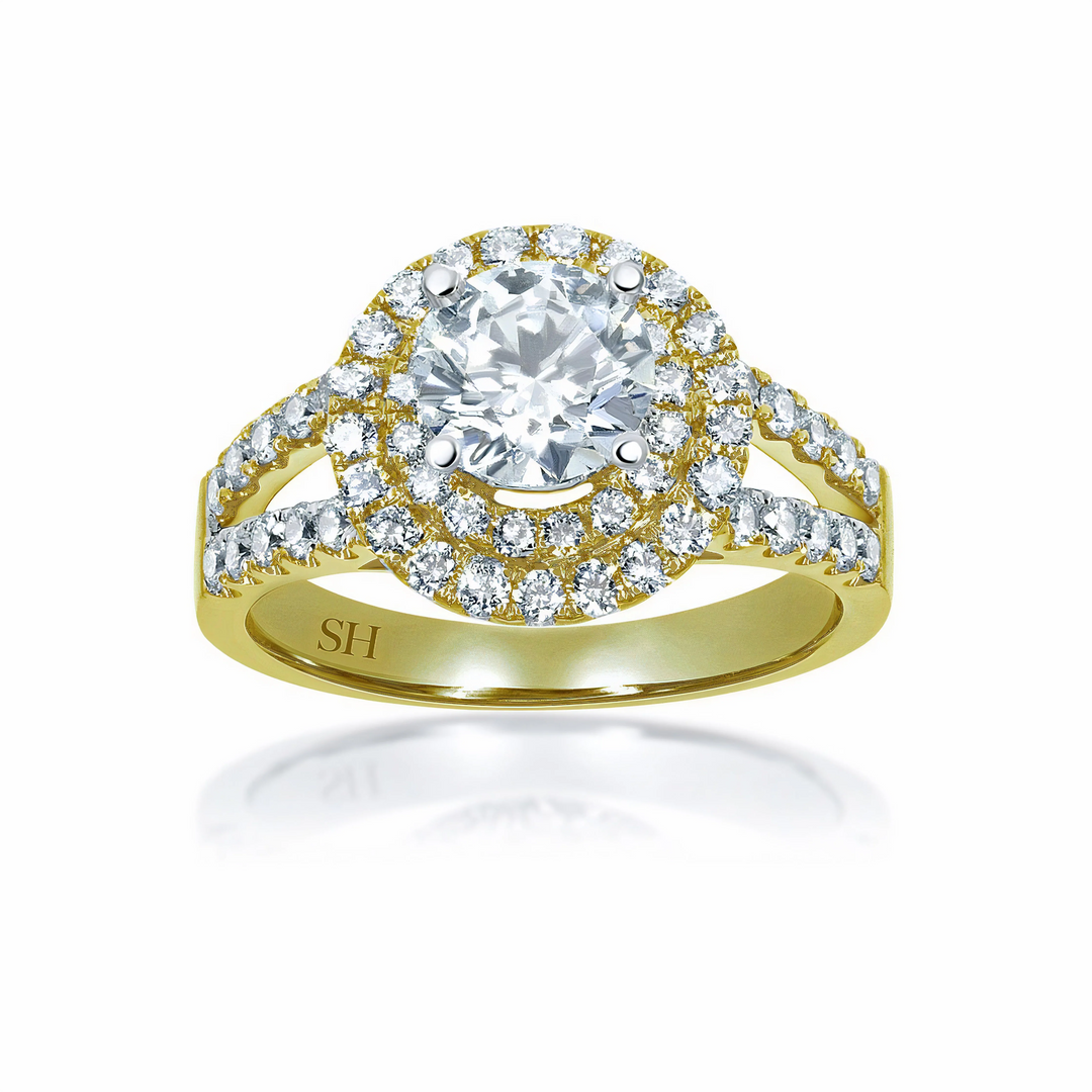 Double Halo Style Diamond Engagement Ring with Twin Pavé-Set Band - W0060