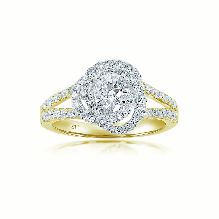 Floral petal halo diamond ring with tapering double band - W0406