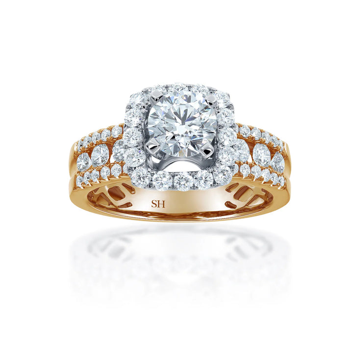 Modern Cushion Halo Engagement Ring with 5.9mm 3-Row Band - W0803