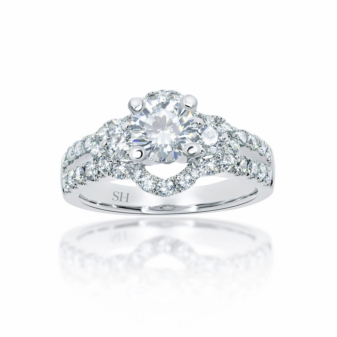 Modern 4-Claw engagement ring with semi halo twin Pavé set band - W0052
