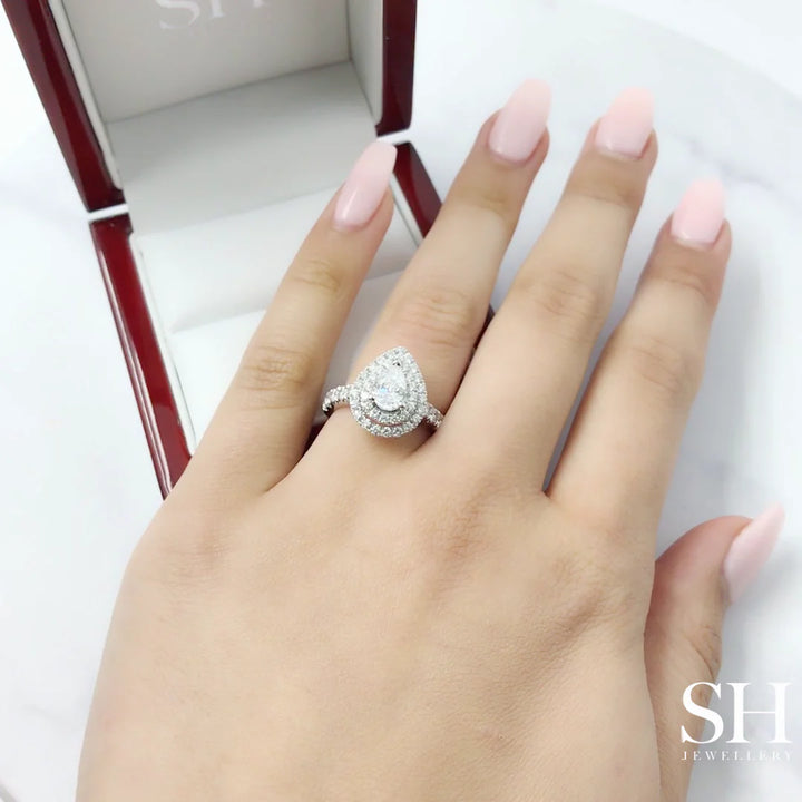 Bright Pear Shaped Double Halo Ring with Pavé Set Band - W0576