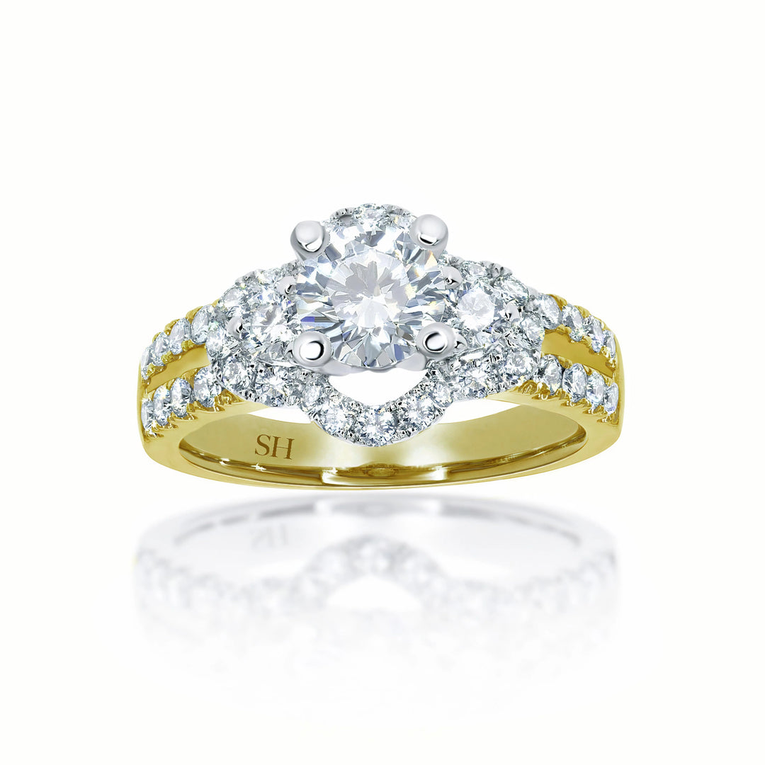Modern 4-Claw engagement ring with semi halo twin Pavé set band - W0052