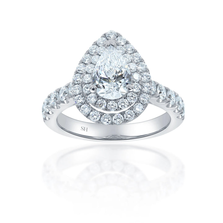 Double Halo Pear-Shaped Engagement Ring with 2.8mm Pavé-Set Band - W0800