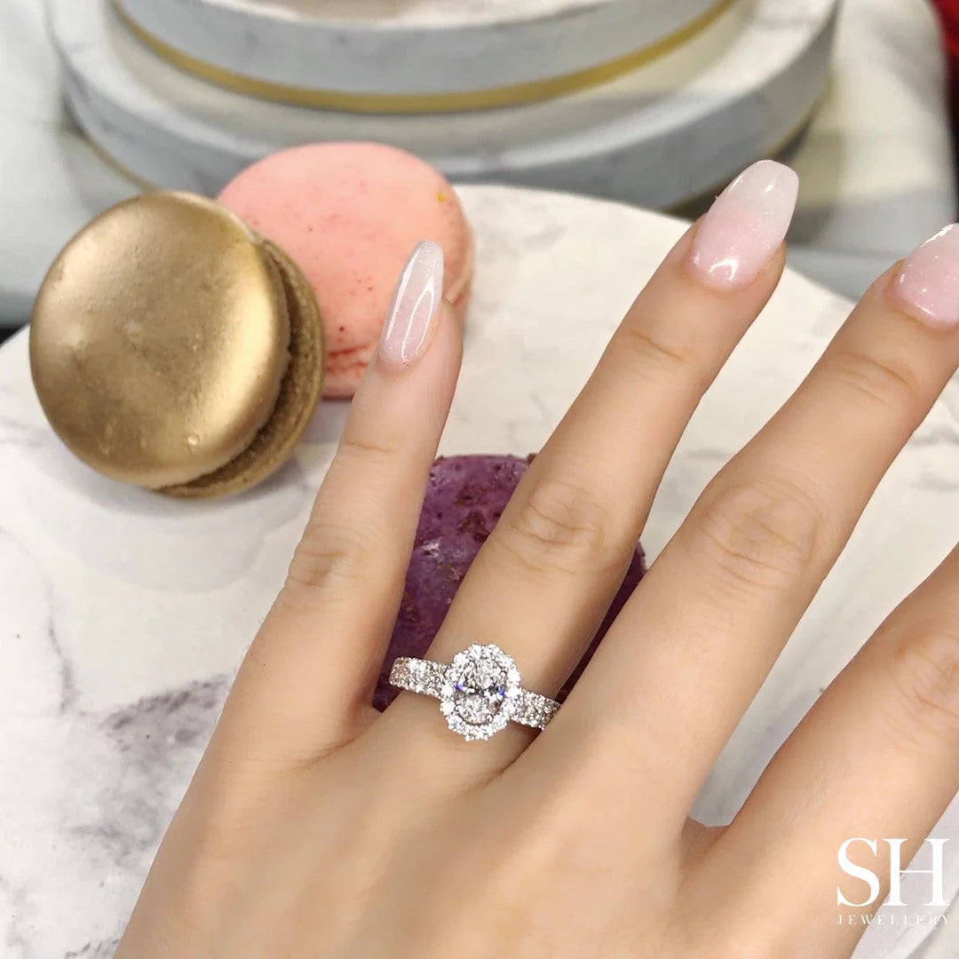 Floral Halo Oval Engagement Ring With Twin Pavé-Set Diamond Bands - W0580