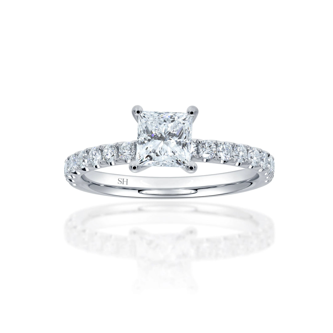 4-Claw Princess Cut Timeless Engagement Ring with Pavé-Set Band - W0807