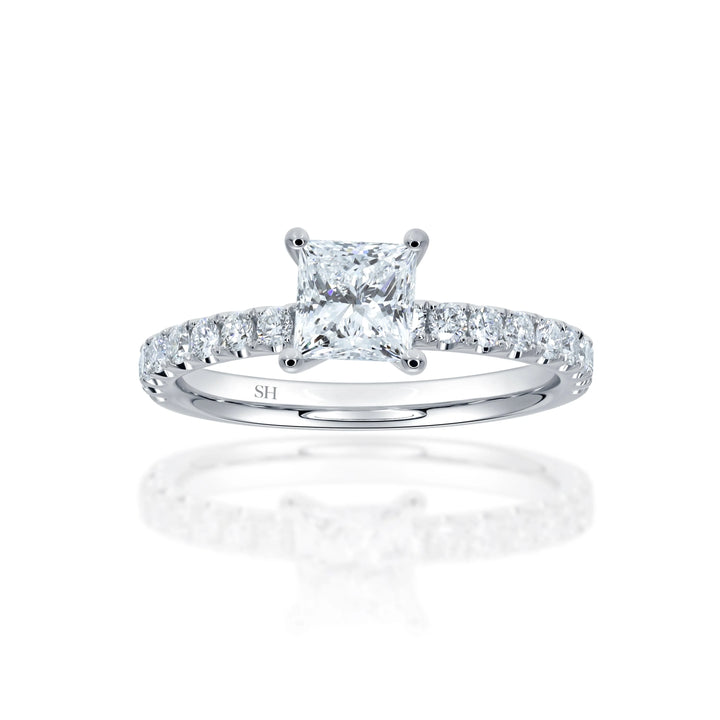 4-Claw Princess Cut Timeless Engagement Ring with Pavé-Set Band - W0807