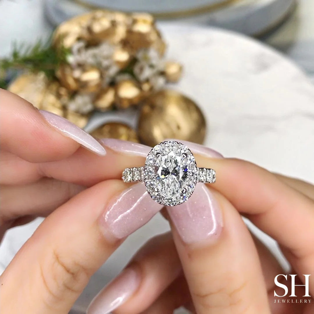Bold Halo Oval Engagement Ring with Pavé-Set Band - W0584