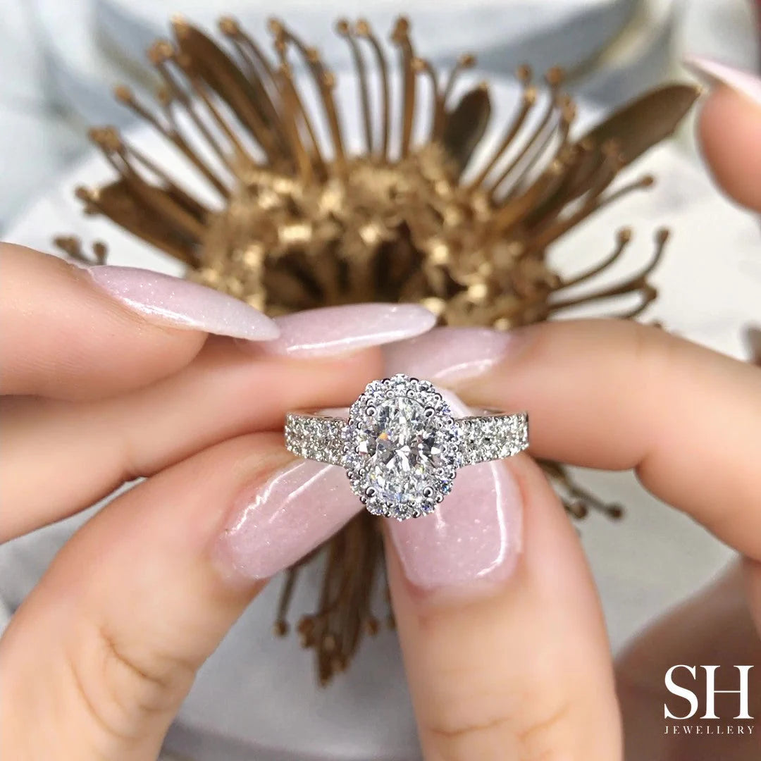 Floral Halo Oval Engagement Ring With Twin Pavé-Set Diamond Bands - W0580