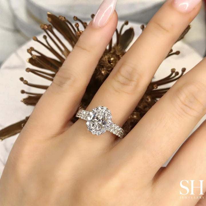 Floral Halo Oval Engagement Ring With Twin Pavé-Set Diamond Bands - W0580