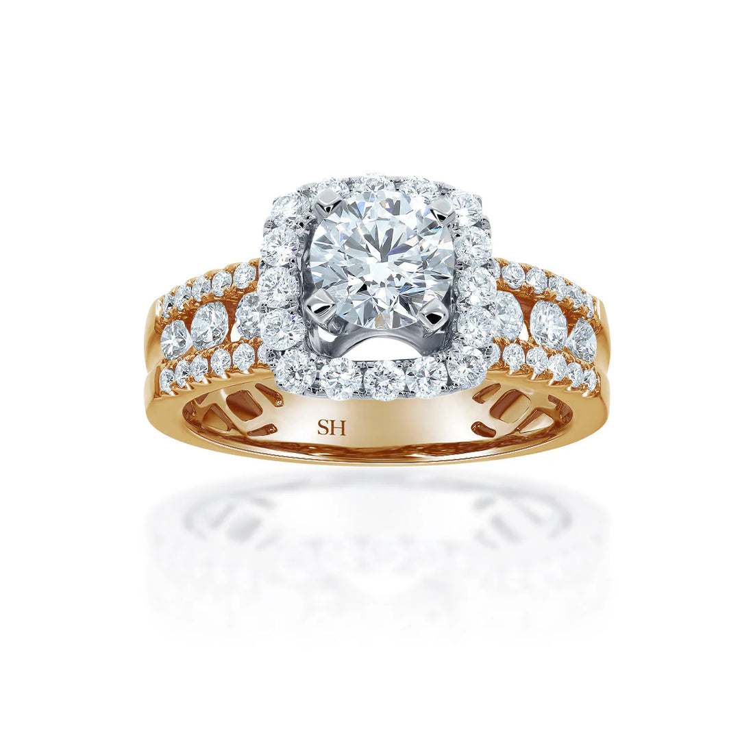 Modern Cushion Halo Engagement Ring with 5.9mm 3-Row Band - W0803