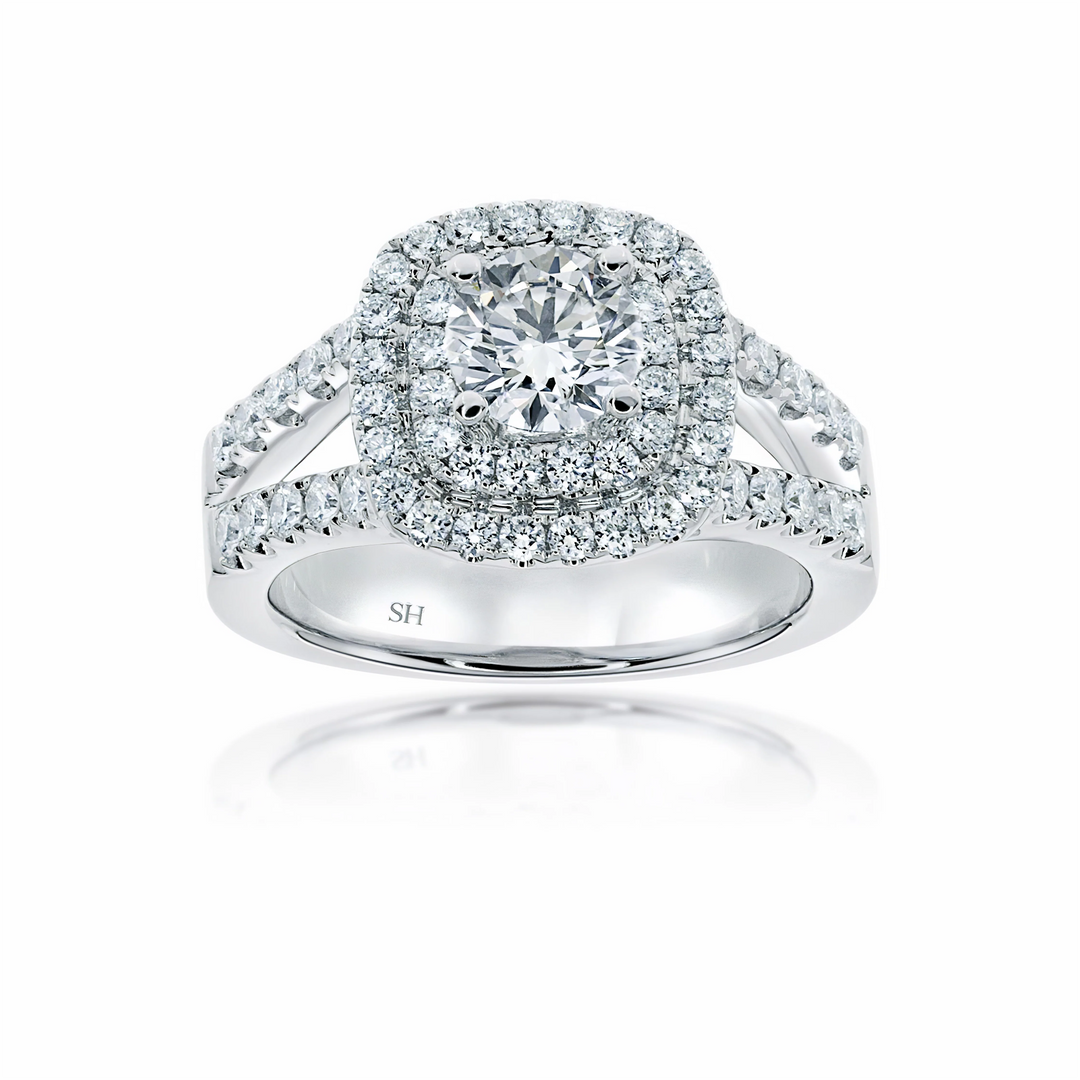 Double Cushion halo with tapering double pave set band - W0403