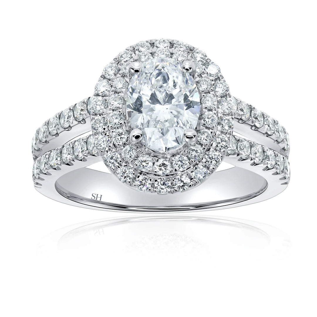 Double Halo Oval Engagement Ring with Split Pavé-Set Band - W0581
