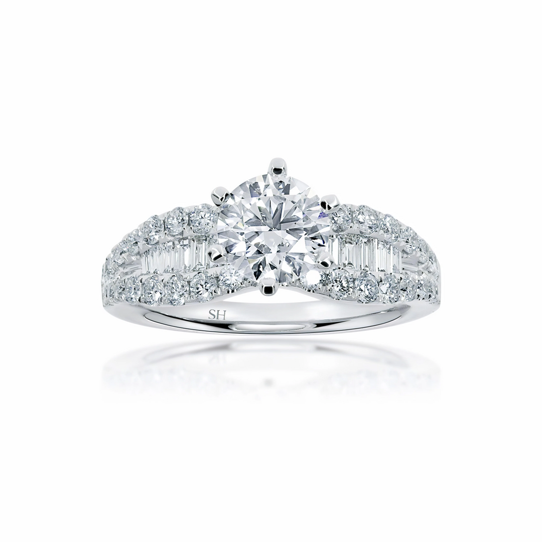 Bold 6-claw ring with channel set baguette diamond band - W0409