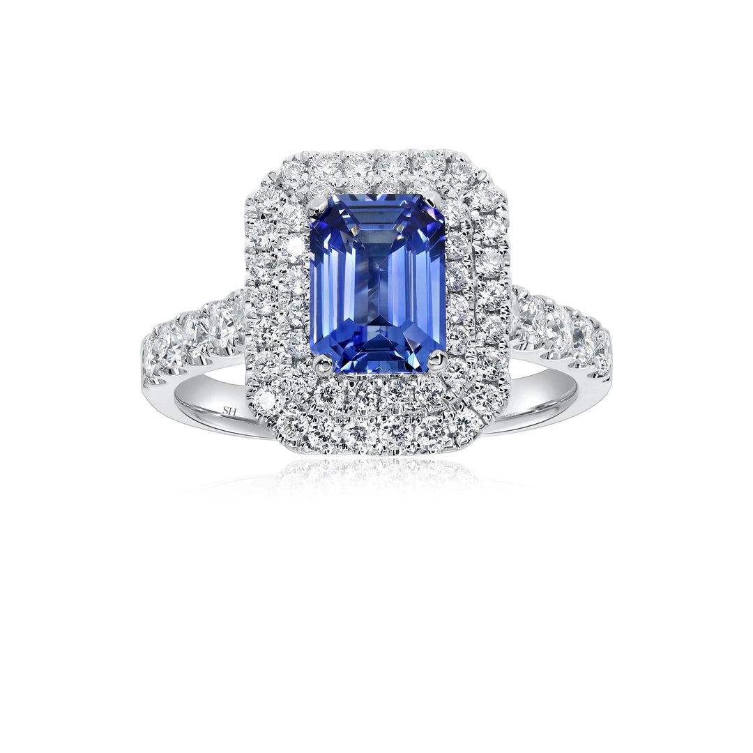 Emerald Cut Double Halo Sapphire Ring (1.50Ct) - W0868