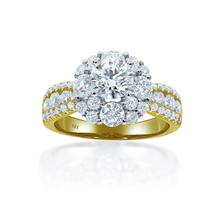 Modern Halo Cluster Engagement Ring with 4.5mm 3-Row Band - W0802