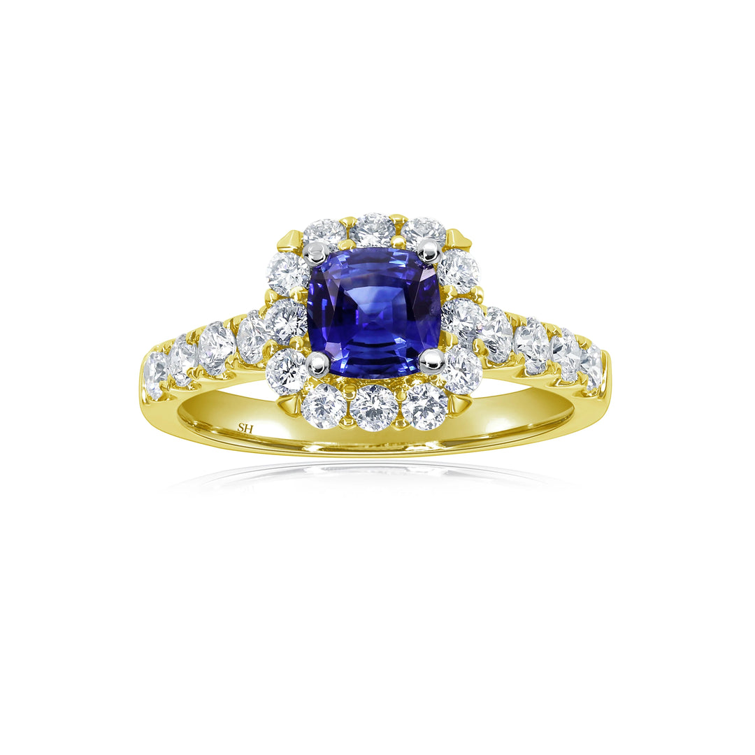 Cushion Cut Sapphire Ring With Pave Band (0.75Ct) - W0873