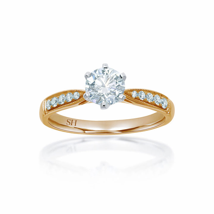 Minimalistic 6-claw ring with milgrain tapered band - W0248