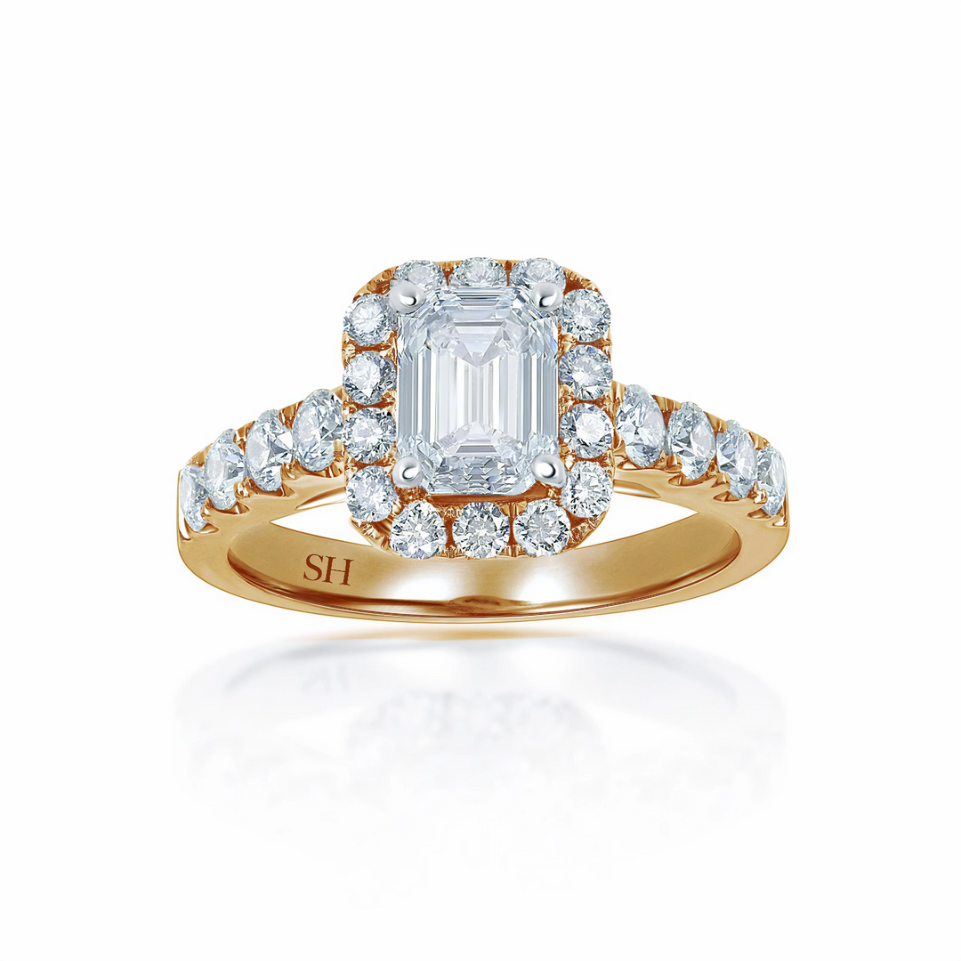 Emerald Cut Halo with Pavé-Set Diamond Band - W0043