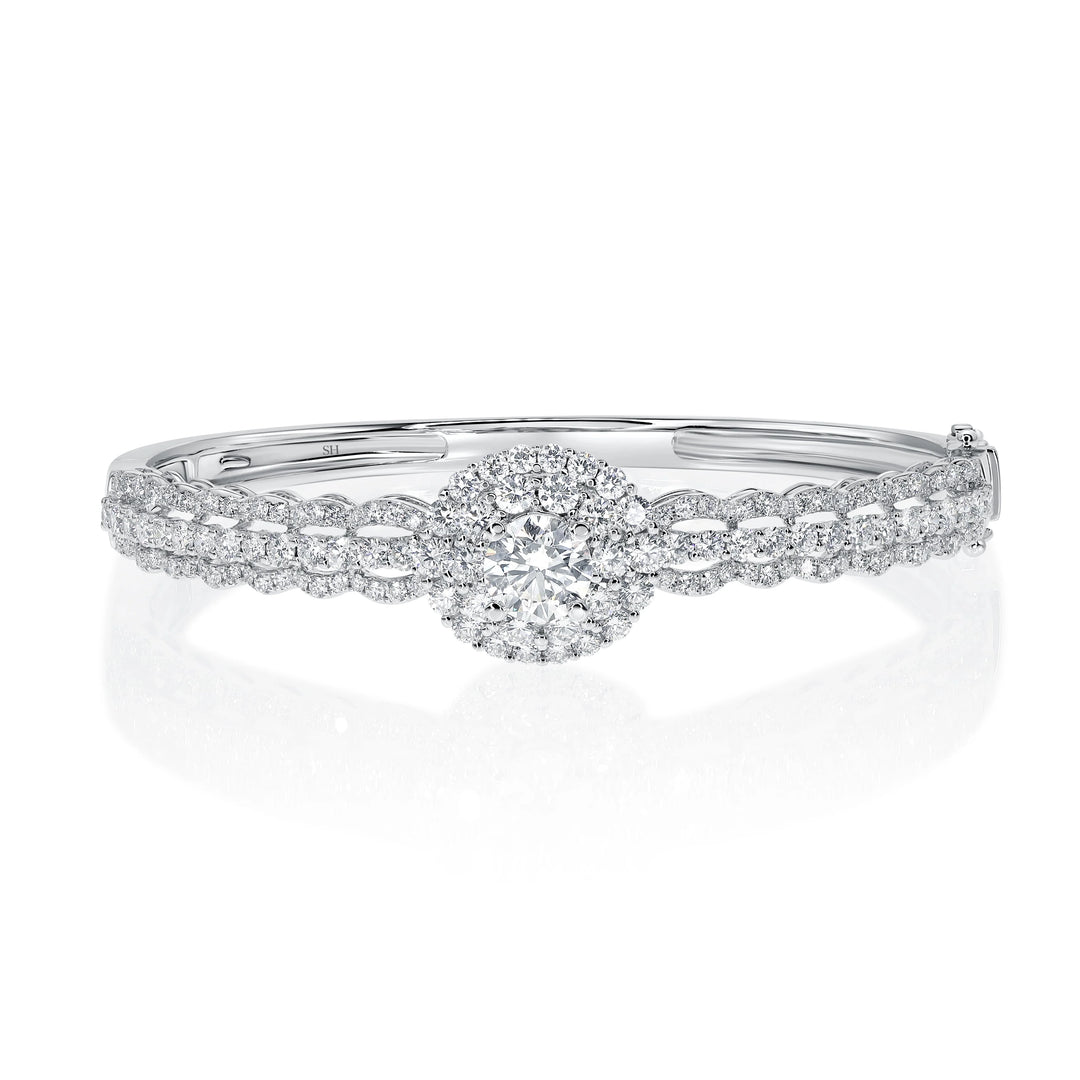 Double Halo Centred in Ripple Edged Three Row Bangle 8.0mm - W0920