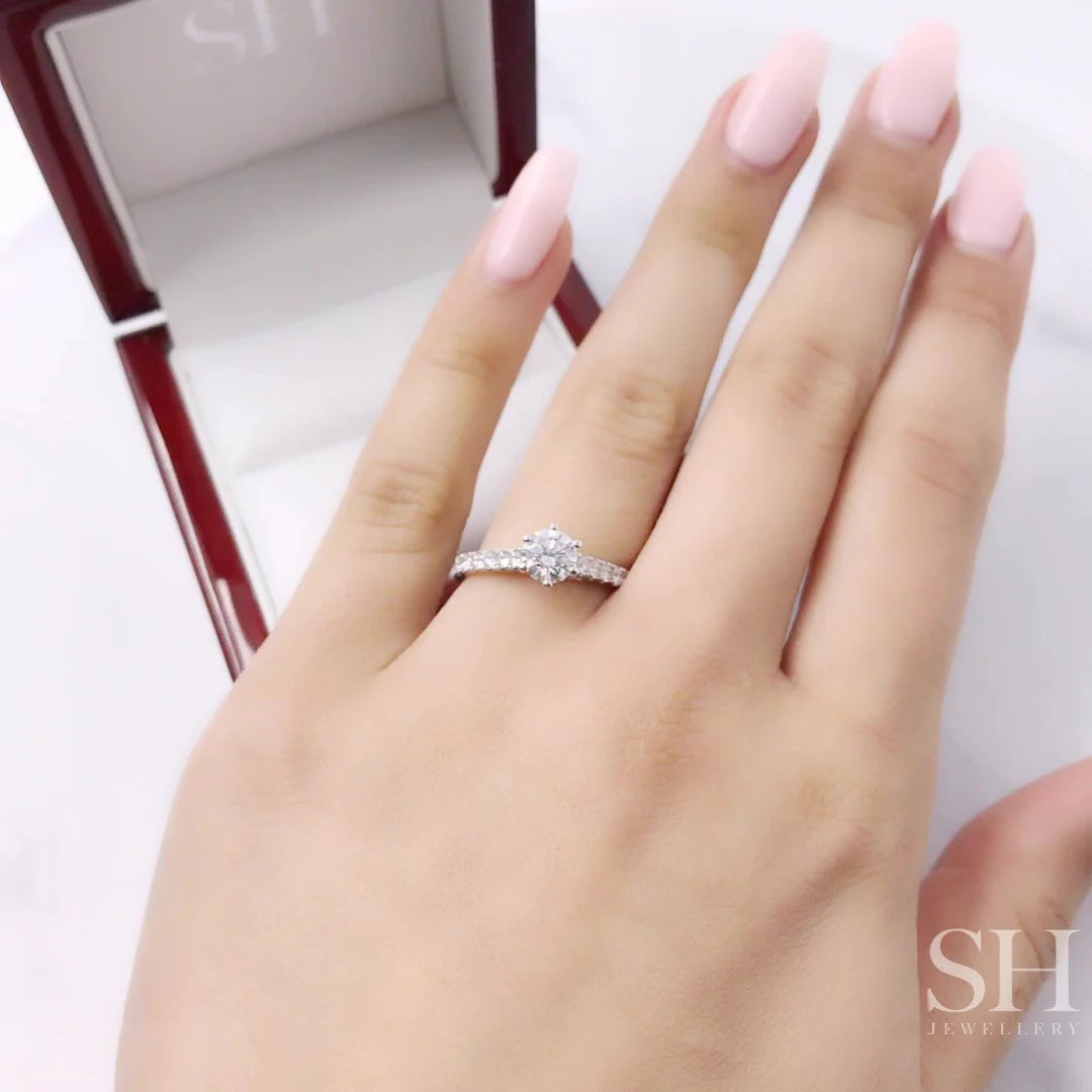 Bold 6-Claw engagement ring with pavé set band - W0253