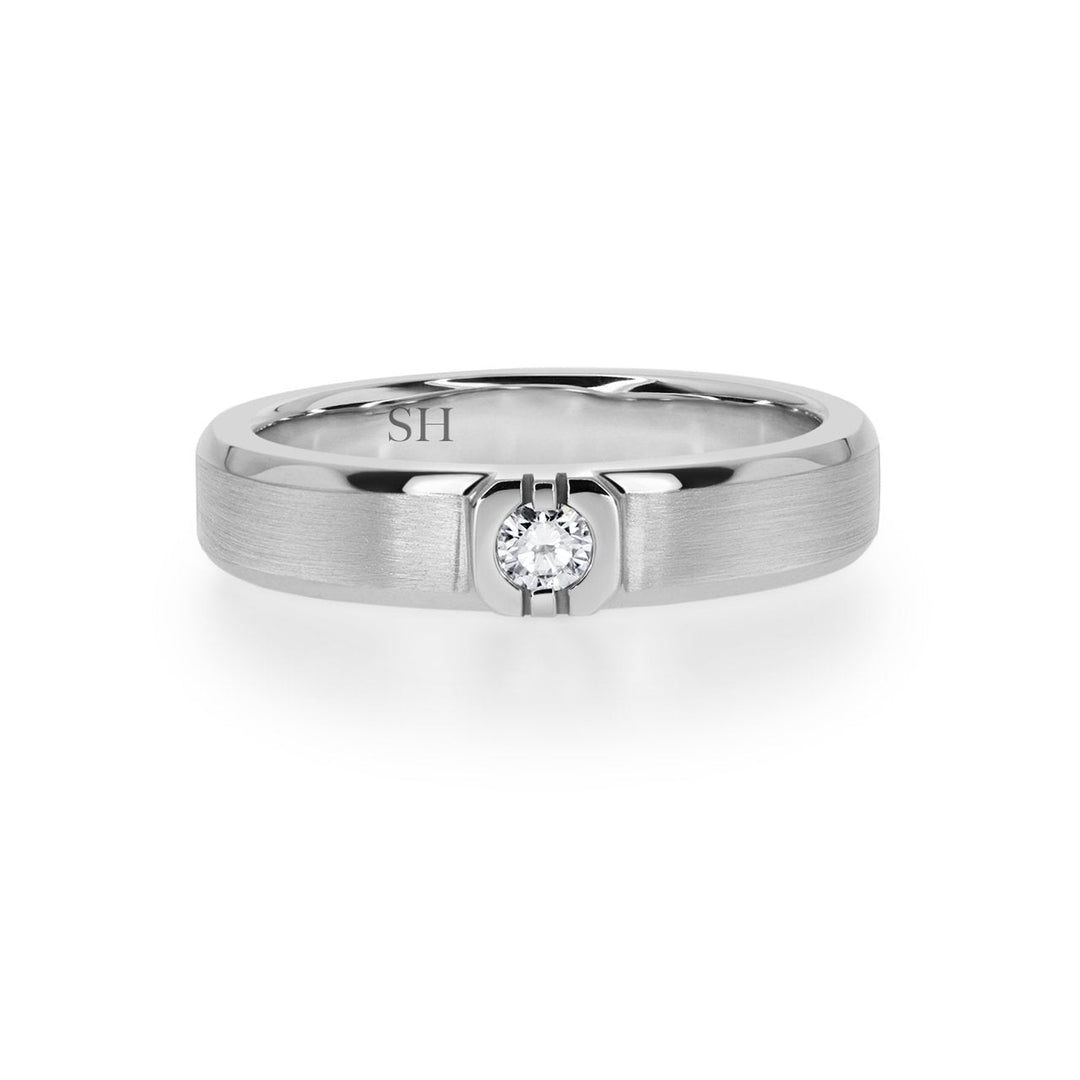 Men’s white gold low profile diamond band with bevelled edges and geometric centre (4.5mm) - W0389