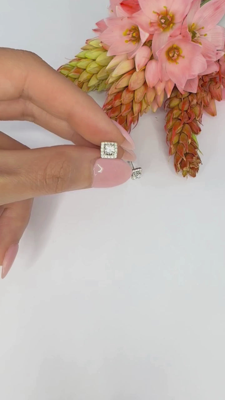 Elegant Square Halo Diamond Stud Earrings (0.20ct centre) - W1300